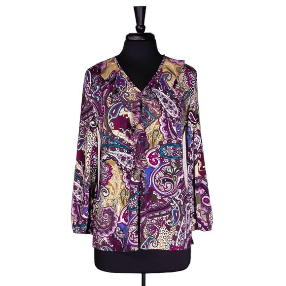 Chico's Women's Blouse Multicolor Paisley Stretch Ruffle V-Neck Shirt Top 1 M/8 - Picture 1 of 8